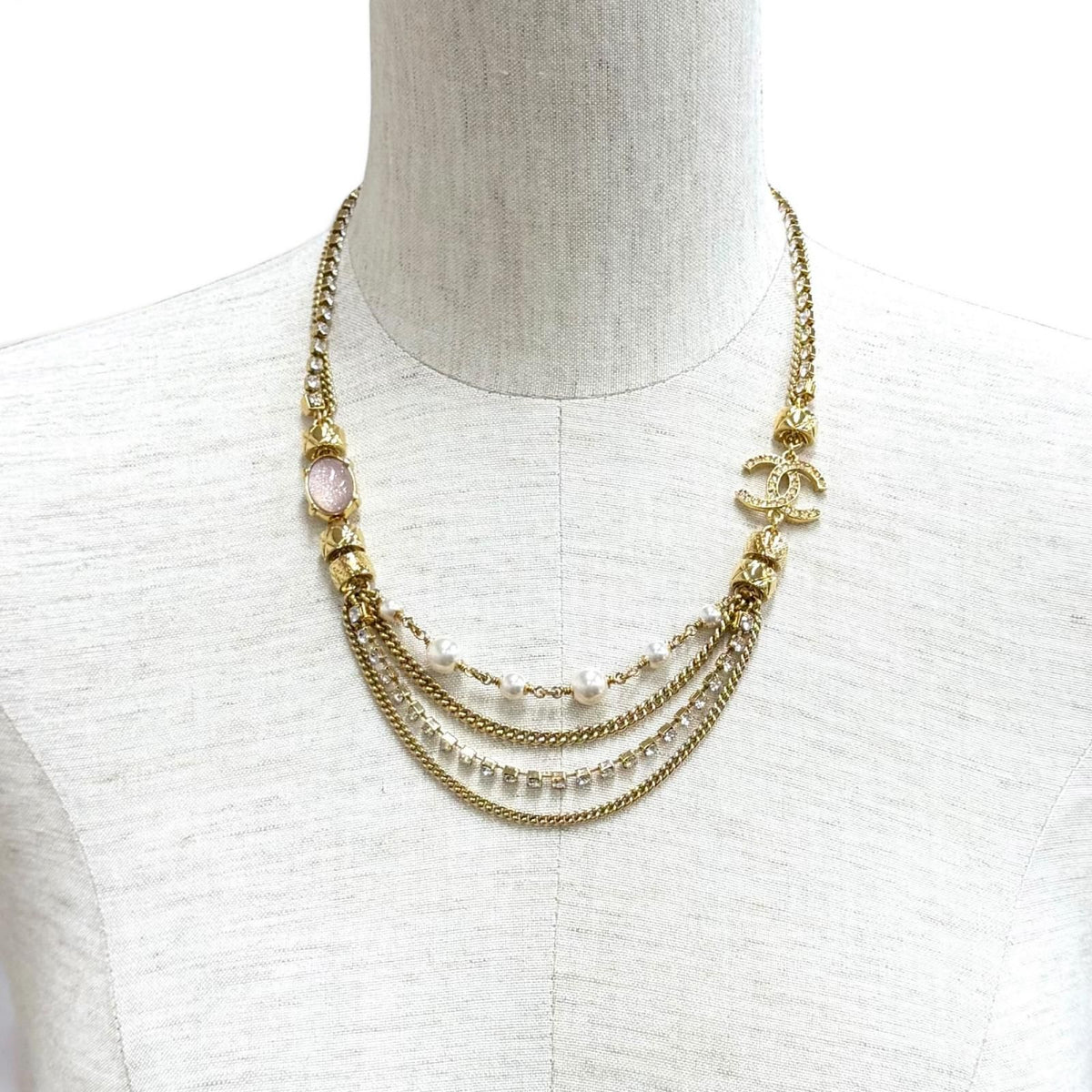 Chanel CC Logo Eco Pearl Stone Crush Chain Necklace Gold Pink White — view 3