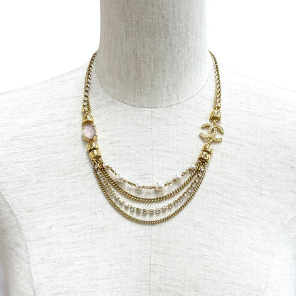 Chanel CC Logo Eco Pearl Stone Crush Chain Necklace Gold Pink White — view 3