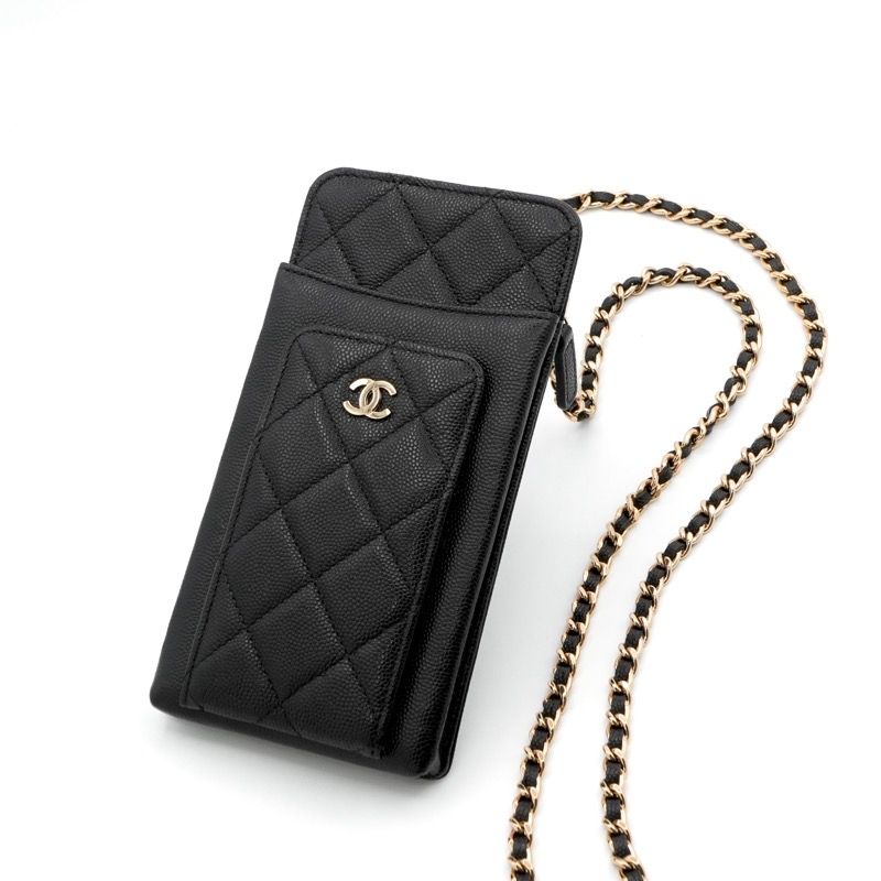 Chanel Shoulder Bag Black Gold CC Logo Quilted Phone Pouch Case