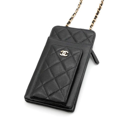 Chanel Shoulder Bag Black Gold CC Logo Quilted Phone Pouch Case — view 3