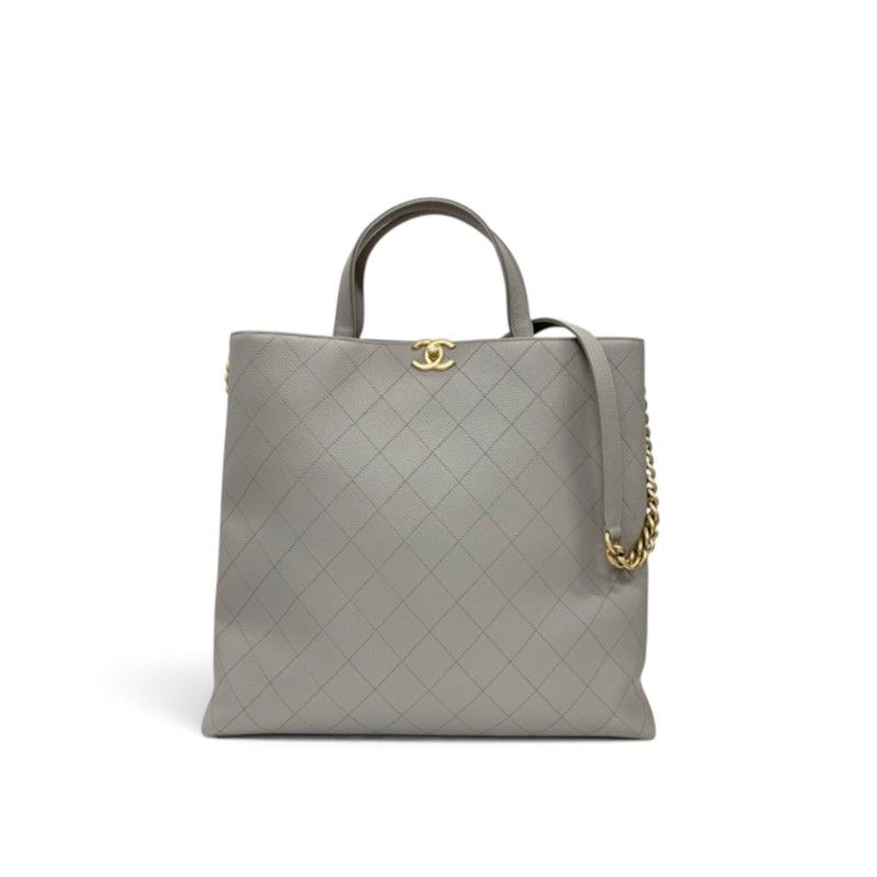 Chanel Tote Shoulder Bag Gray Gold Quilted CC Logo Turnlock