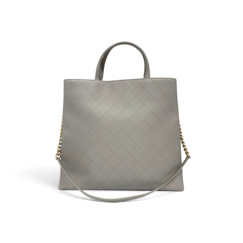 Chanel Tote Shoulder Bag Gray Gold Quilted CC Logo Turnlock — view 3