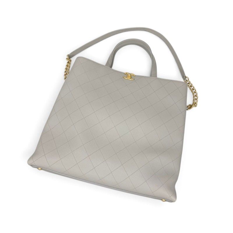 Chanel Tote Shoulder Bag Gray Gold Quilted CC Logo Turnlock — view 5