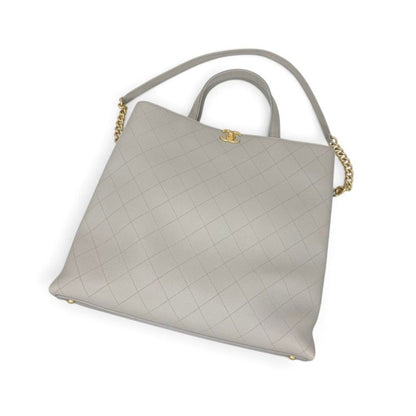 Chanel Tote Shoulder Bag Gray Gold Quilted CC Logo Turnlock — view 5
