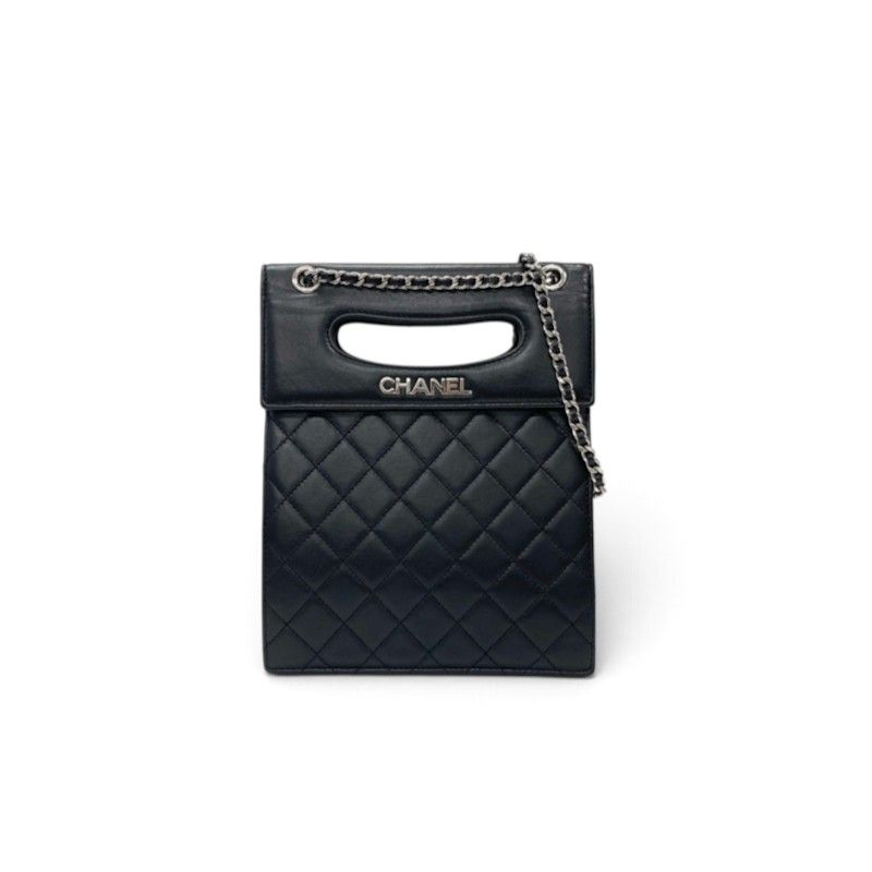 Chanel Shoulder Bag Black Silver Delivery Cutout Handle CC Logo Quilted Chain