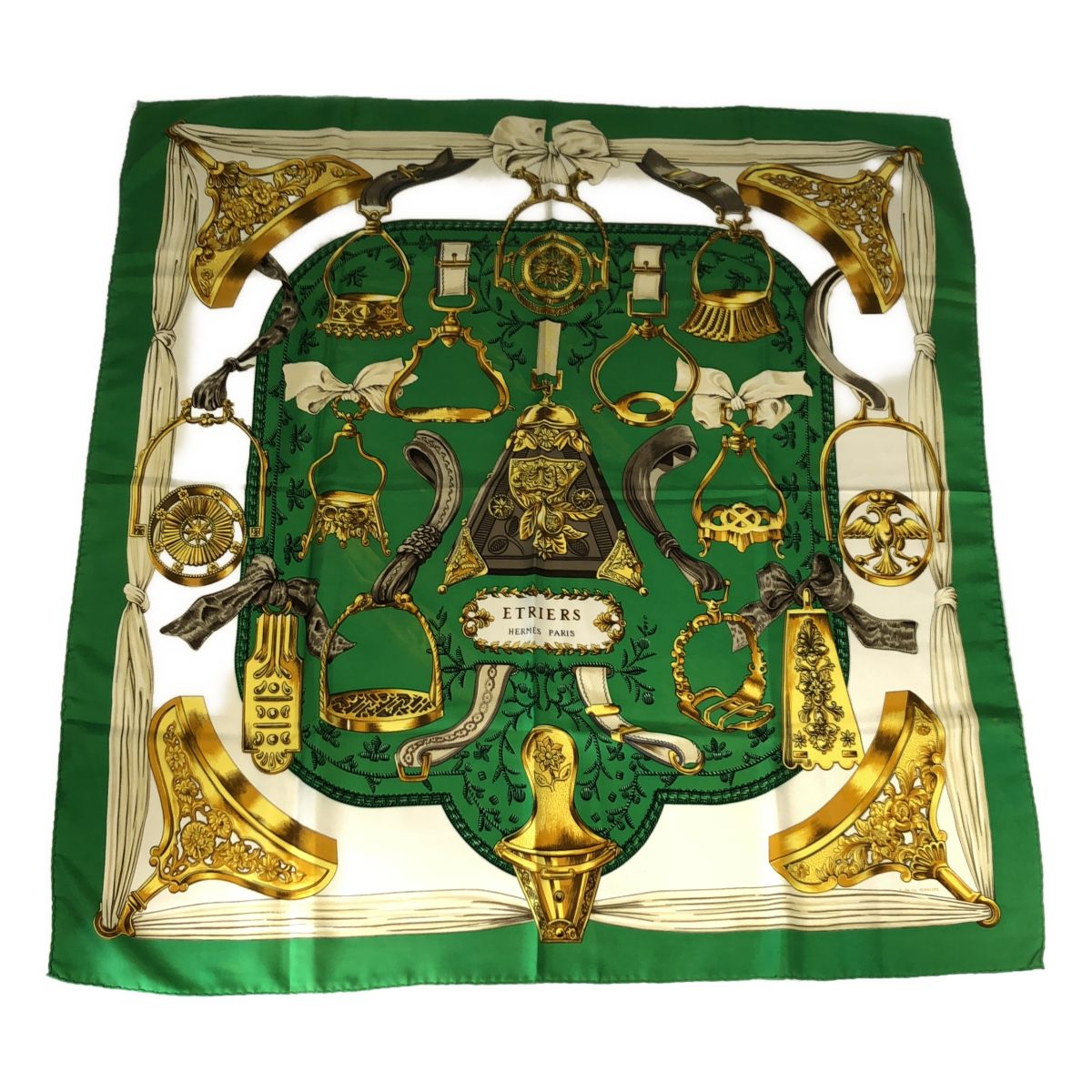 Hermes Carre 90 Etriers Armor Pattern Silk Scarf Green White