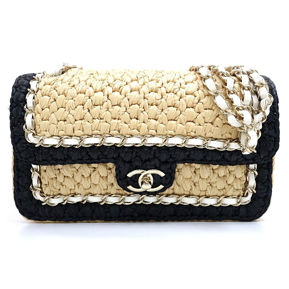 Chanel Chain Shoulder Bag Raffia Natural
