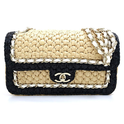 Chanel Chain Shoulder Bag Raffia Natural