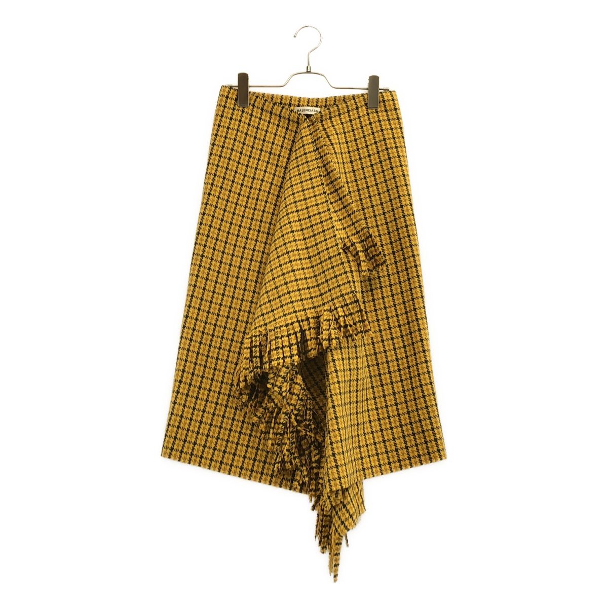 Balenciaga Wool Blend Check Fringe Skirt Yellow Gray 32