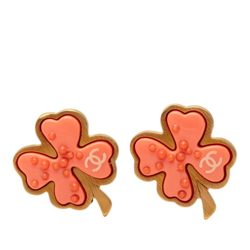 Chanel 03P CC Logo Clover Motif Earrings Gold Pink Plated