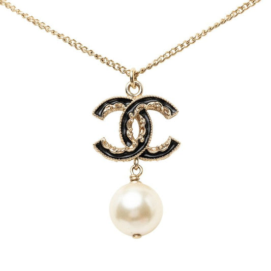 Chanel CC Logo Necklace Gold Black Plated Faux Pearl
