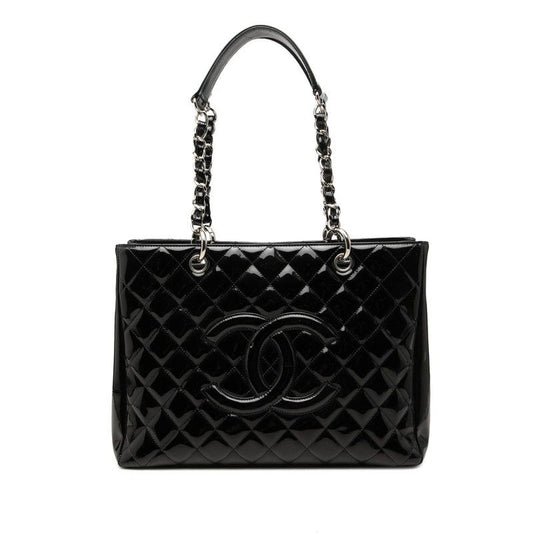 Chanel Quilted CC Logo Chain Tote Bag Black Patent Leather