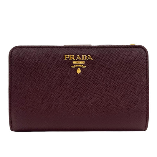 Prada Logo Bifold Saffiano Leather Ivory Burgundy Pink Wallet