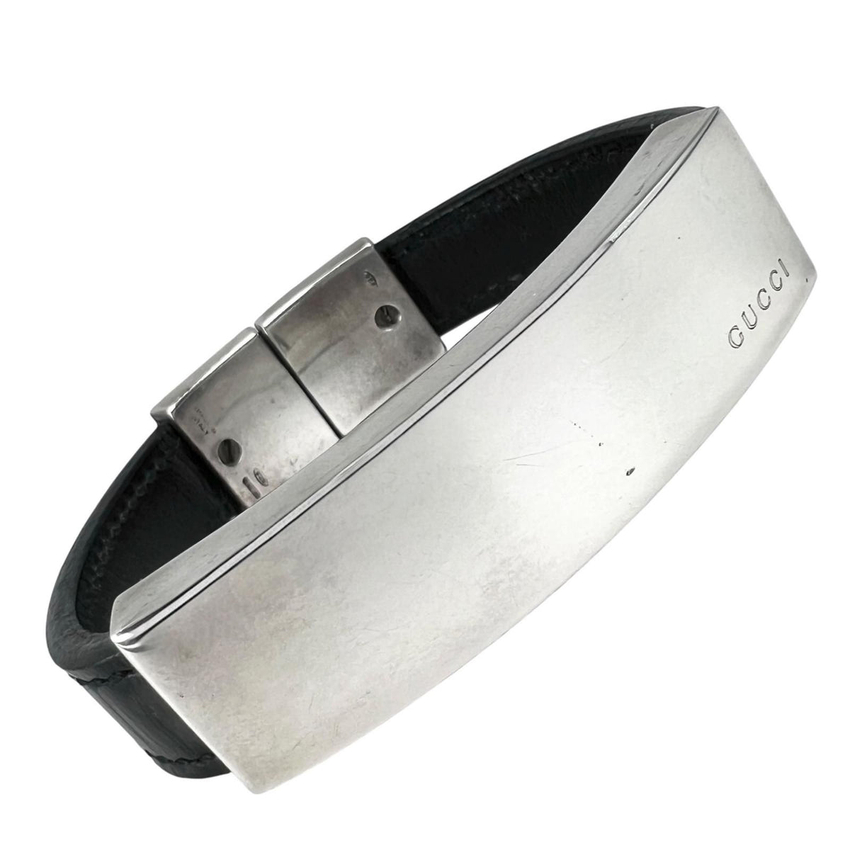 Gucci Logo Leather Silver Black Bangle Bracelet