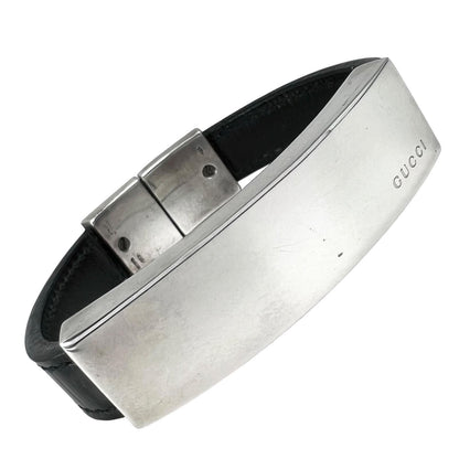 Gucci Logo Leather Silver Black Bangle Bracelet