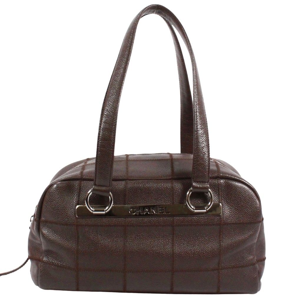 Chanel Choco Bar Mini Caviar Leather Dark Brown Boston Bag Silver