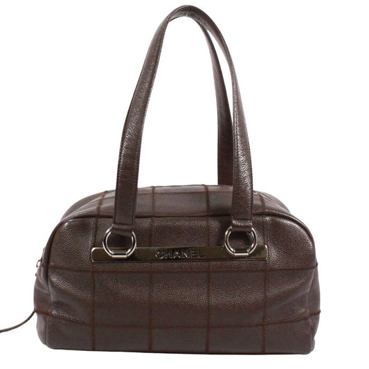 Chanel Choco Bar Mini Caviar Leather Dark Brown Boston Bag Silver