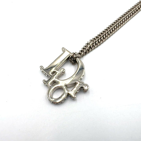 Dior Oblique Pendant Metal Rhinestone Clear Silver Necklace