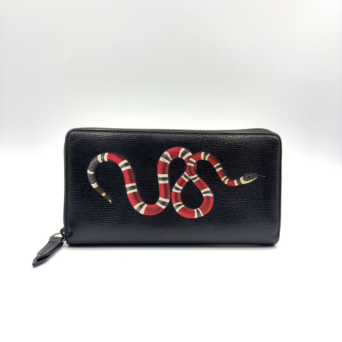 Gucci King Snake Zip Around Leather Black Red Wallet Gold