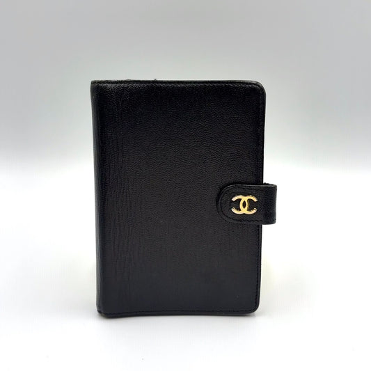 Chanel CC Logo Mini Caviar Leather Black Notebook Cover Gold Agenda