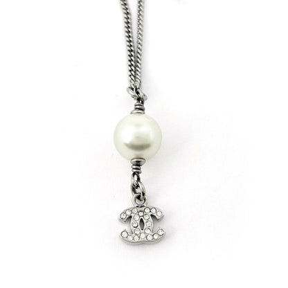 Chanel Necklace CC Logo Faux Pearl Silver Plated Rhinestone — view 2