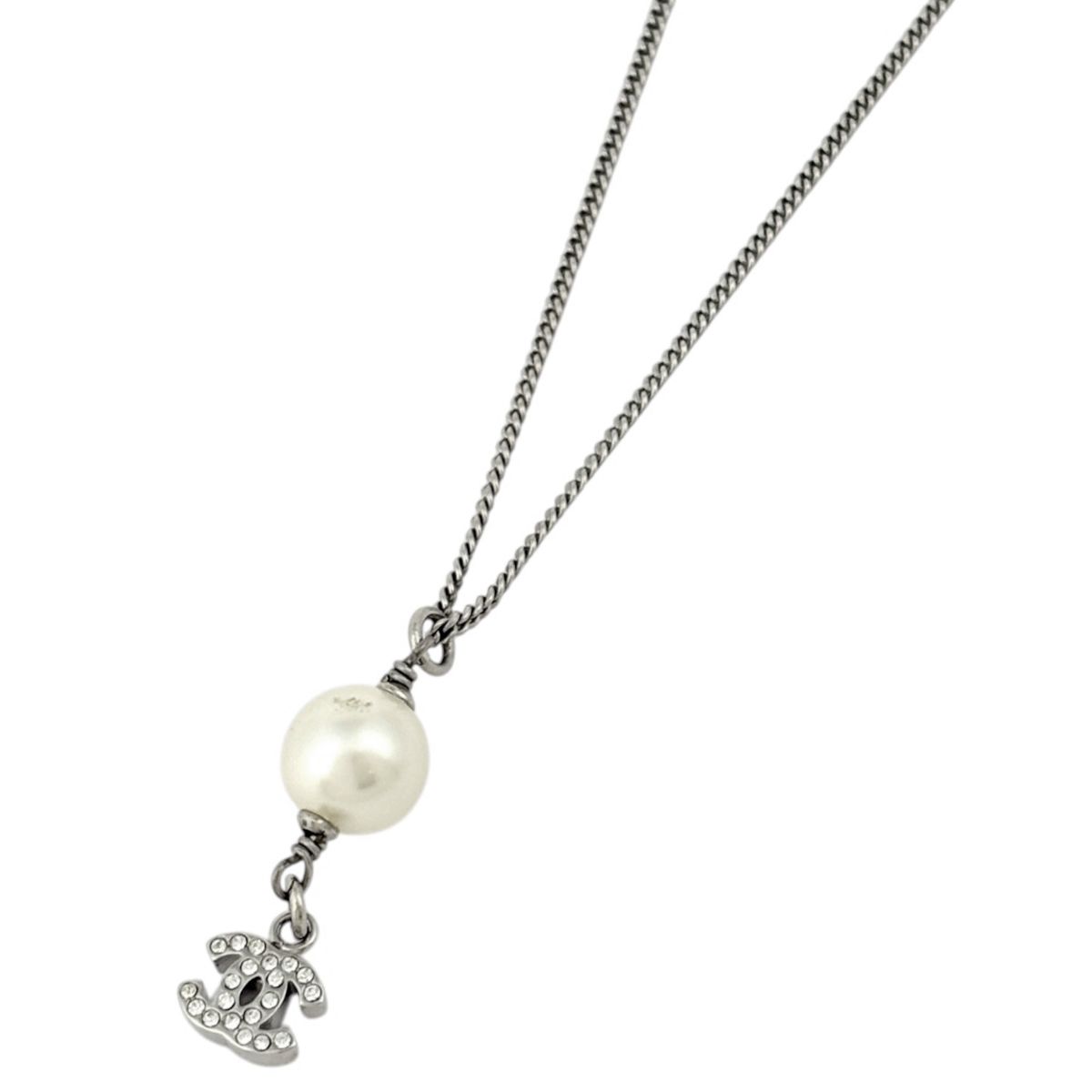 Chanel Necklace CC Logo Faux Pearl Silver Plated Rhinestone