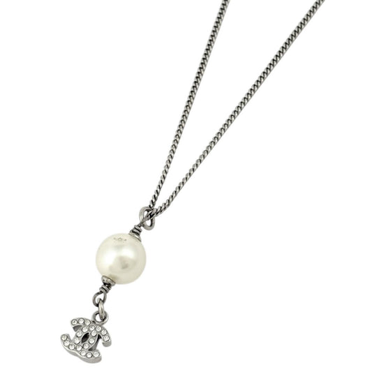 Chanel Necklace CC Logo Faux Pearl Silver Plated Rhinestone