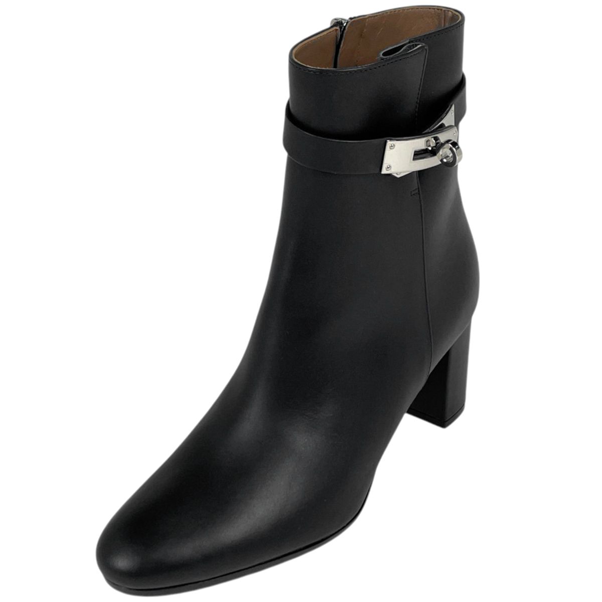 Hermes Saint Germain Kelly Belt Leather Boots Shoes High Heels Zip Up Black