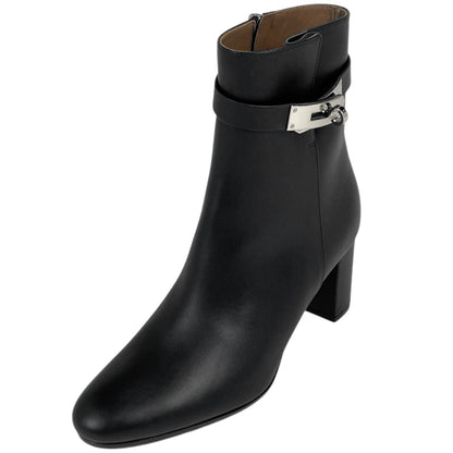 Hermes Saint Germain Kelly Belt Leather Boots Shoes High Heels Zip Up Black