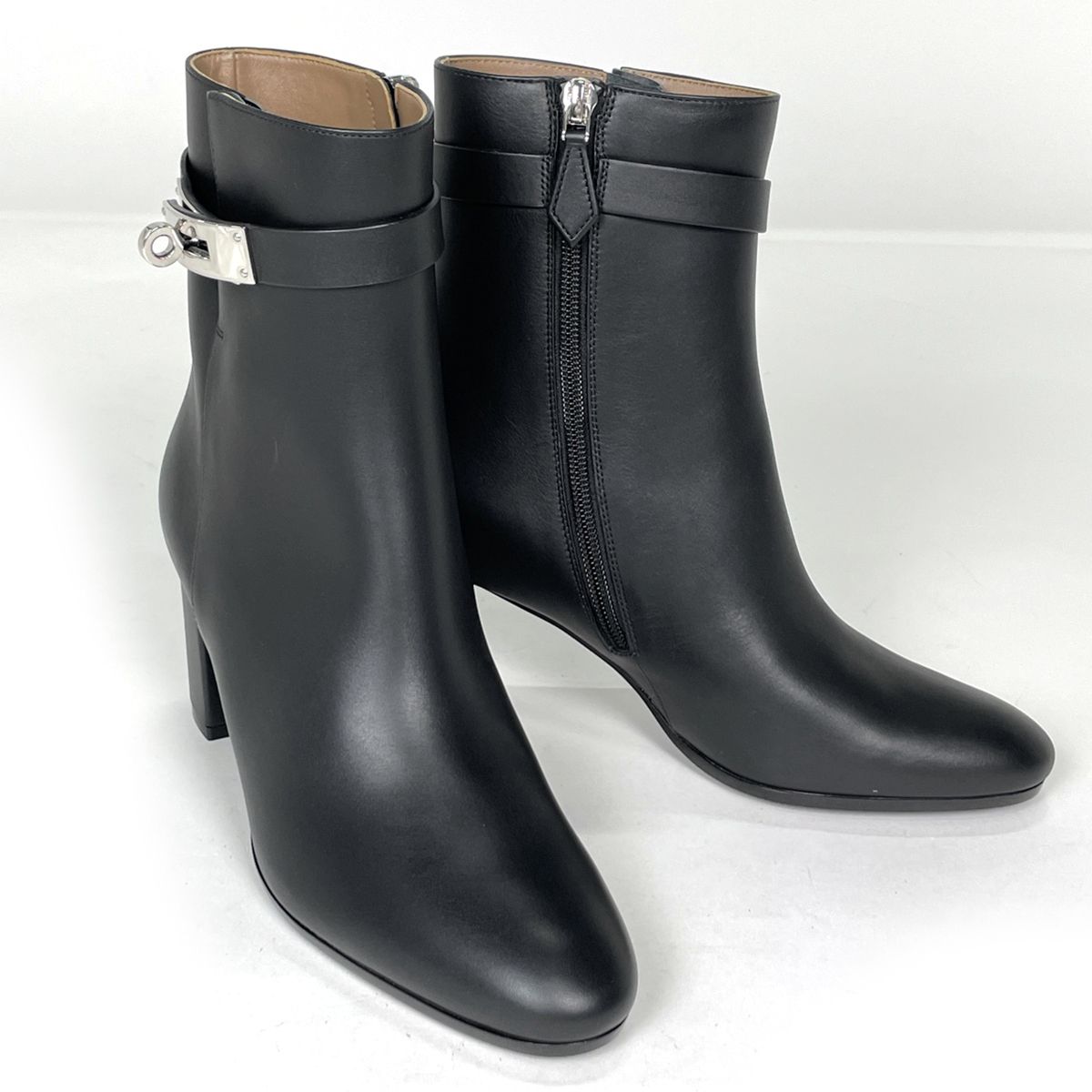 Hermes Saint Germain Kelly Belt Leather Boots Shoes High Heels Zip Up Black — view 7