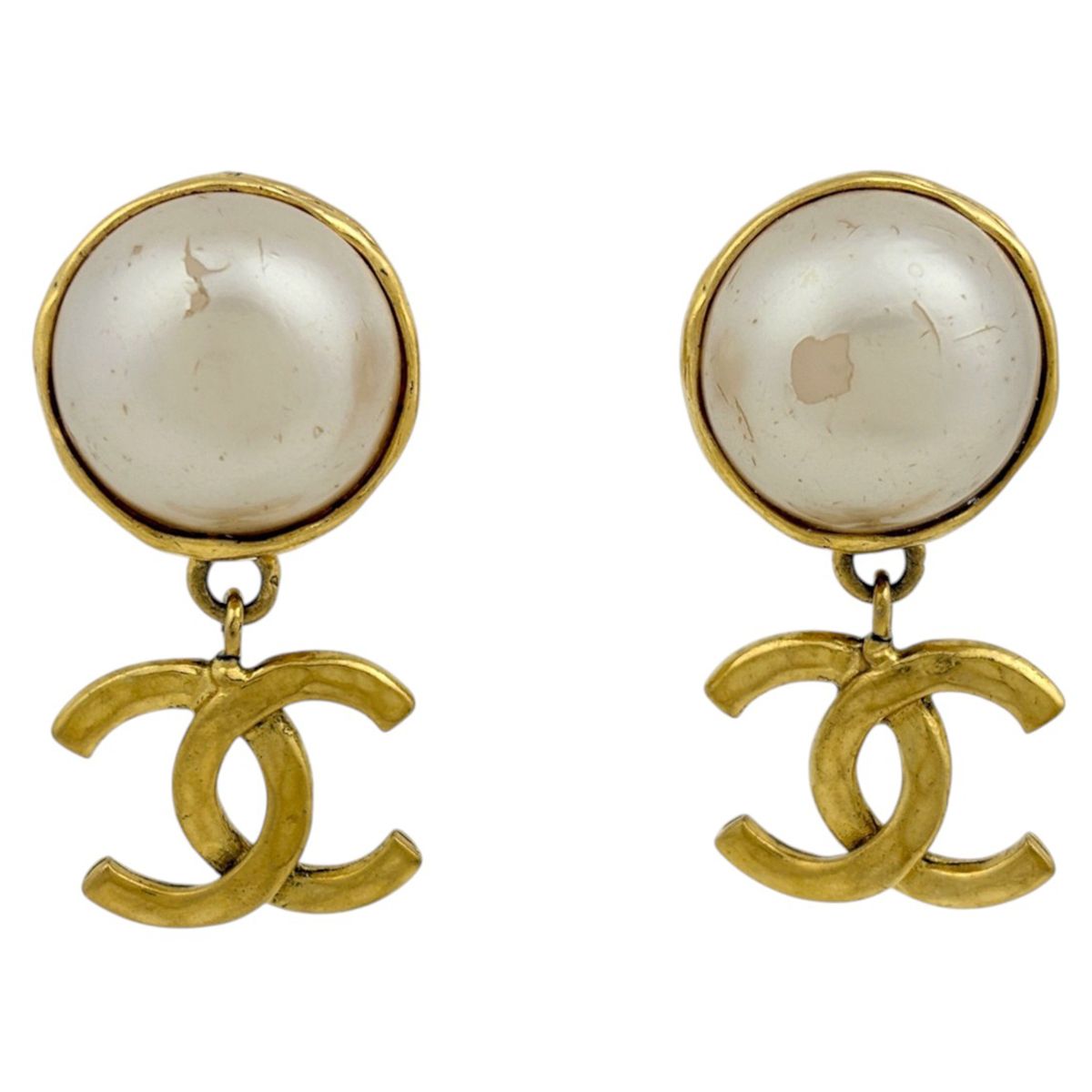 Chanel Earrings CC Logo Swing Faux Pearl Gold