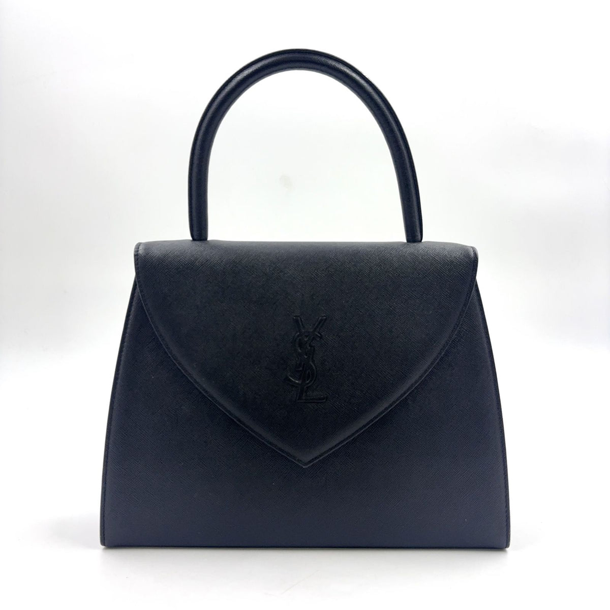 Saint Laurent Logo Embossed Leather Black Handbag Gold