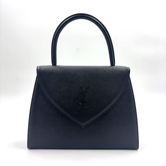 Saint Laurent Logo Embossed Leather Black Handbag Gold
