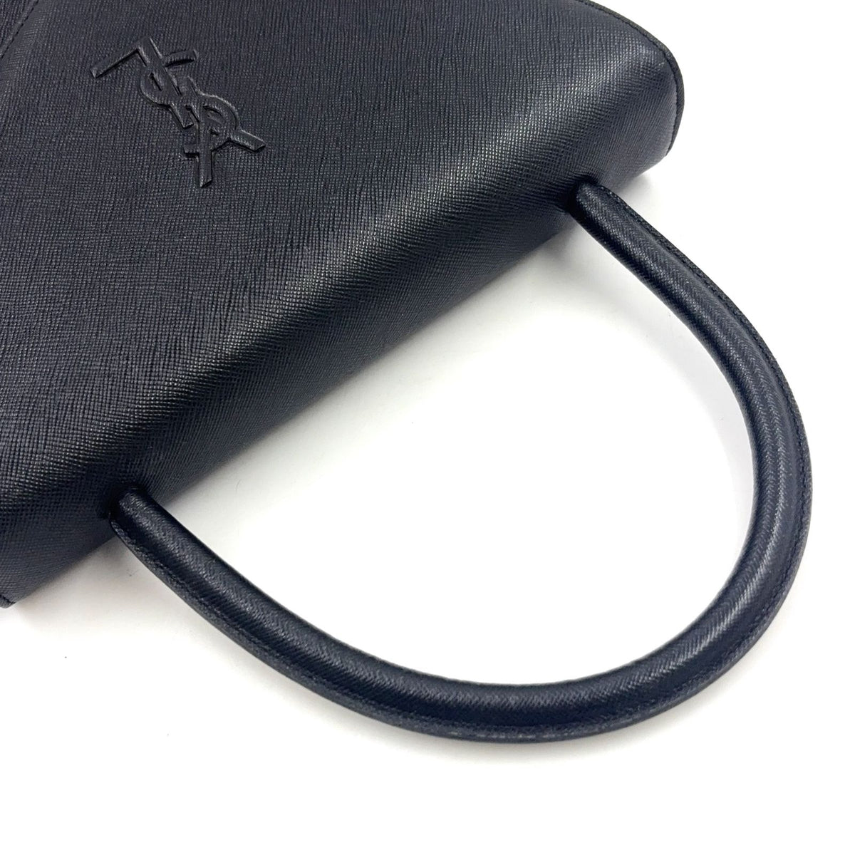 Saint Laurent Logo Embossed Leather Black Handbag Gold — view 5