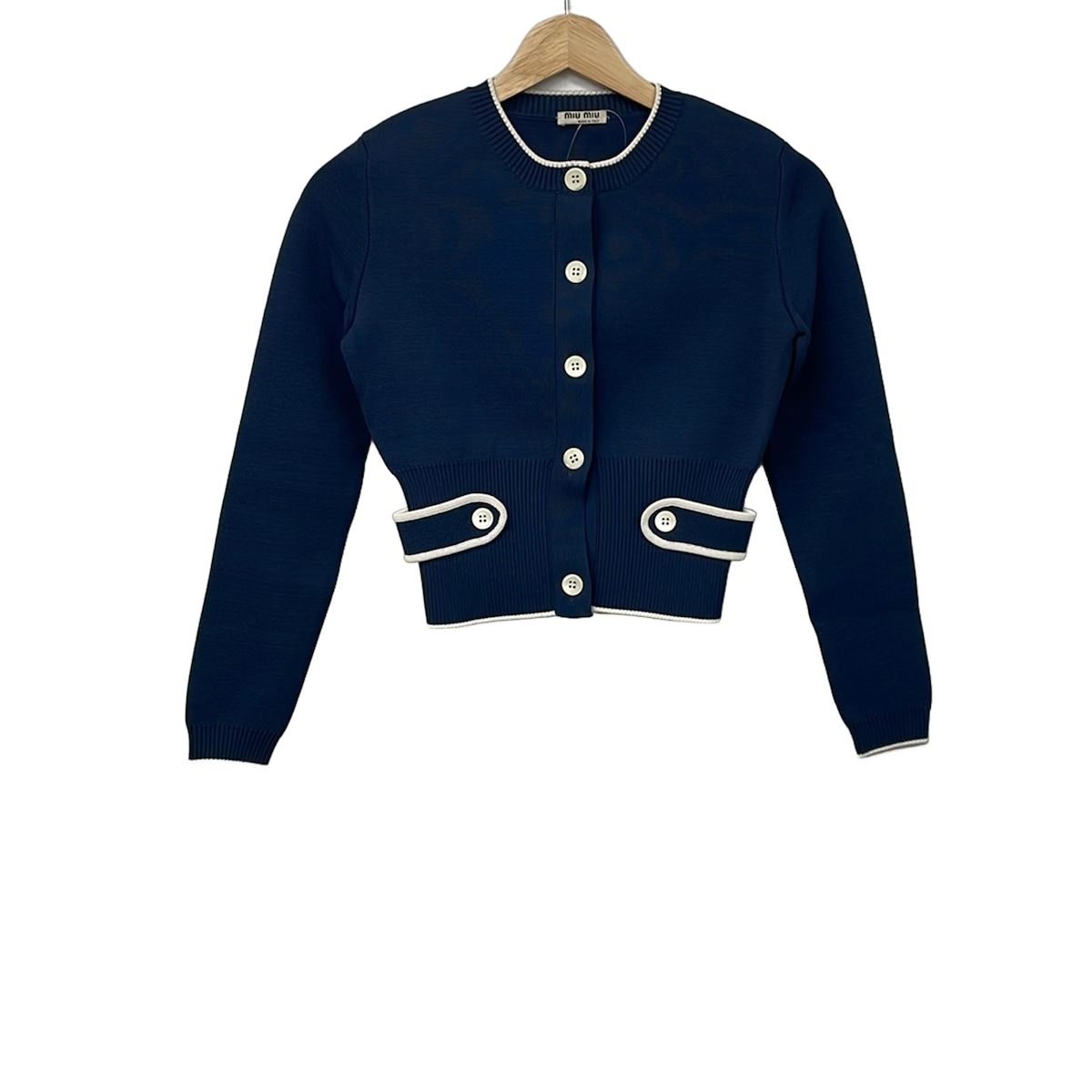 Miu Miu Cardigan S Navy White Long Sleeve Crew