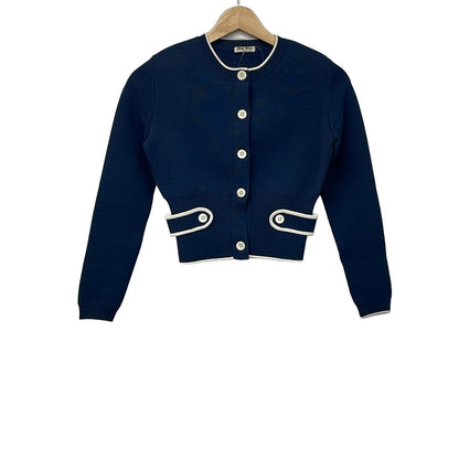 Miu Miu Cardigan S Navy White Long Sleeve Crew