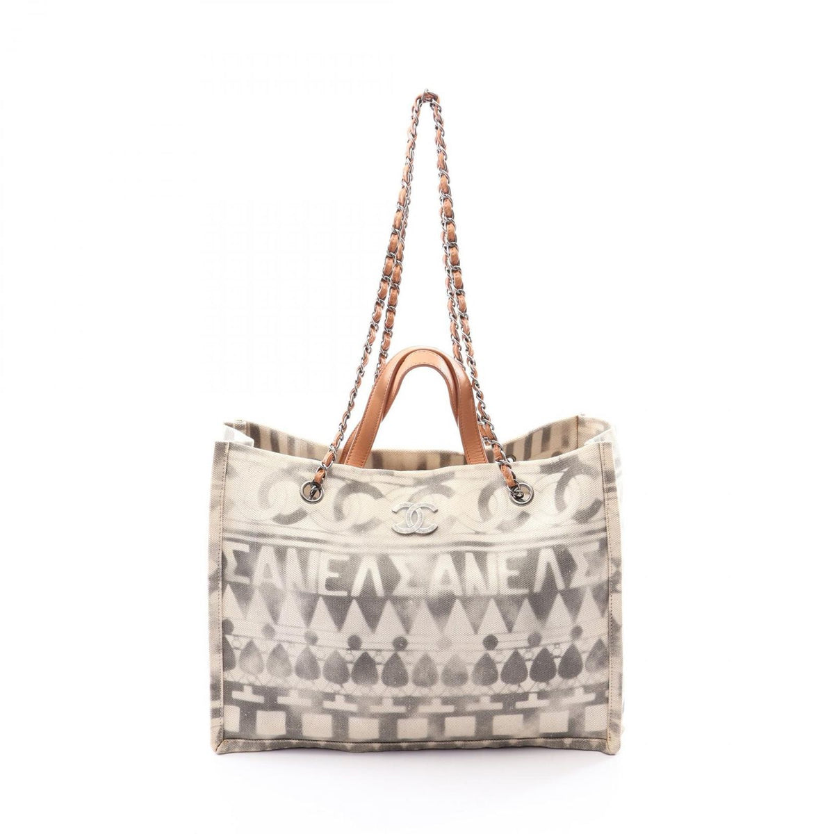 Chanel Tote Bag CC Logo 2-Way Off White Black Camel Canvas Leather Shoulder