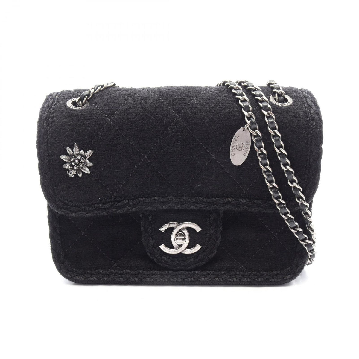 Chanel Shoulder Bag Quilted Edelweiss Black Wool Chain