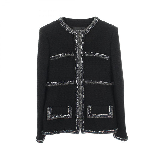 Chanel Collarless Jacket CC Logo Button Tweed Wool