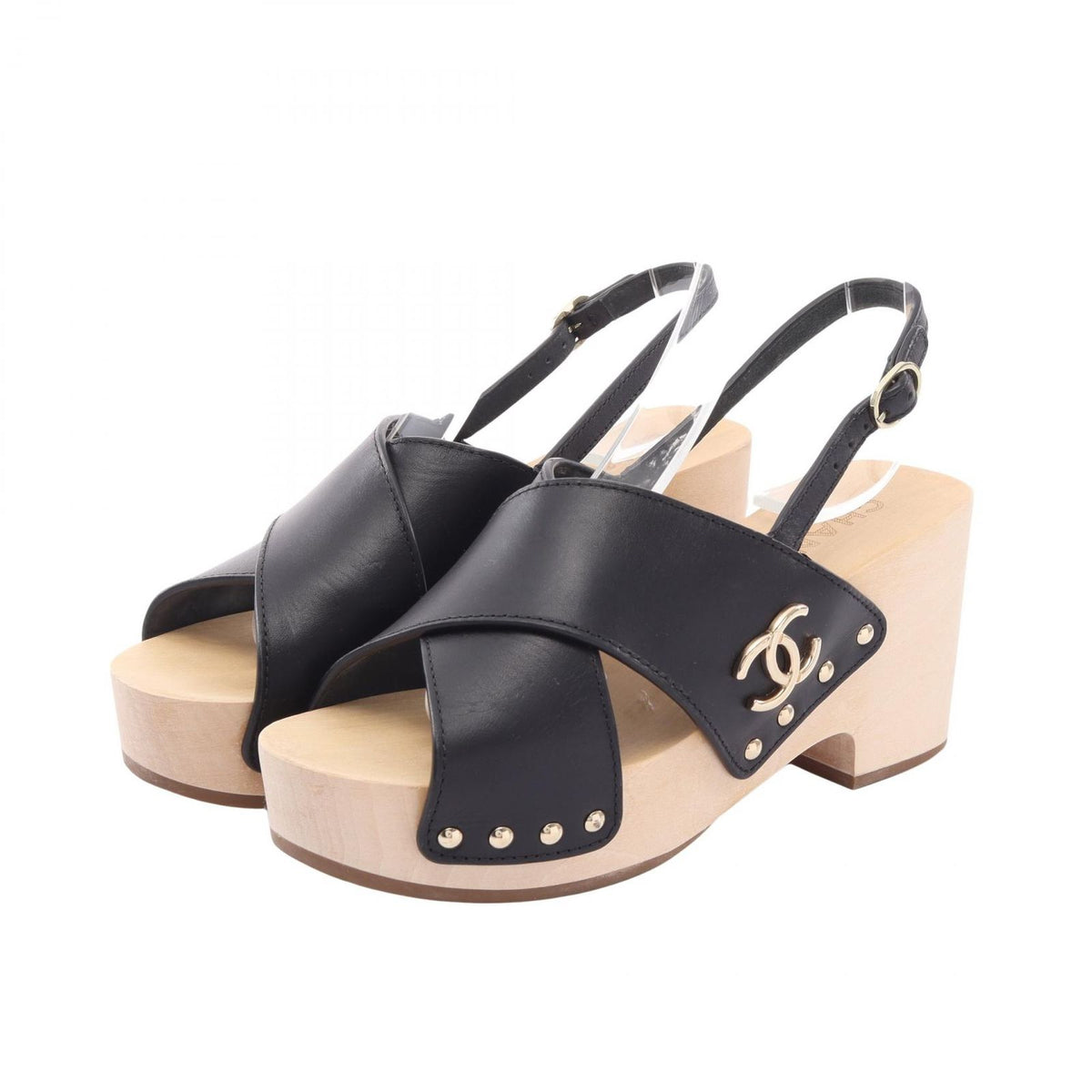 Chanel Sandals CC Logo Clover Wood Wedge Sole Leather