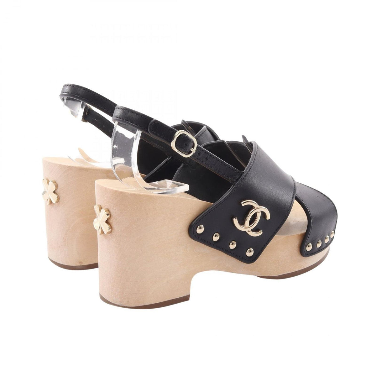 Chanel Sandals CC Logo Clover Wood Wedge Sole Leather — view 2