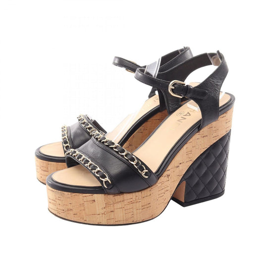 Chanel Sandals CC Logo Chain Wedge Sole Leather