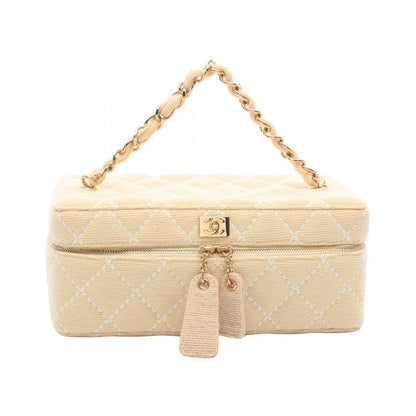 Chanel Handbag Wild Stitch Cream Canvas Quilted Chain Handle Vanity Bag