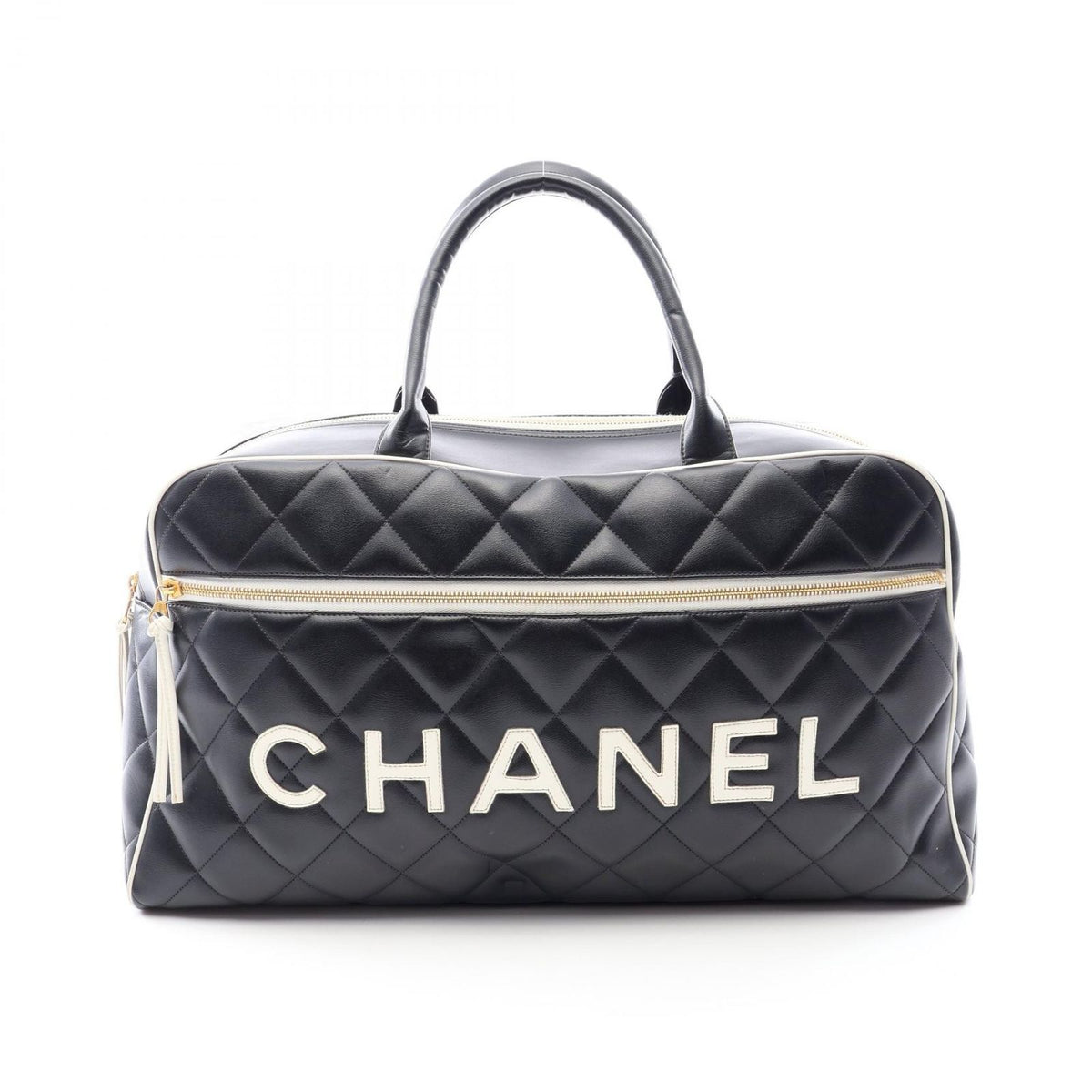Chanel Boston Bag Quilted Logo Black Leather
