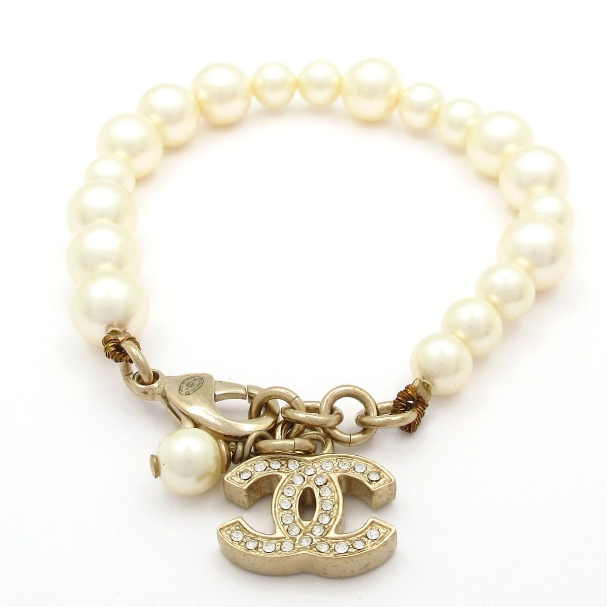Chanel Bracelet CC Logo Ivory Gold Faux Pearl Rhinestone