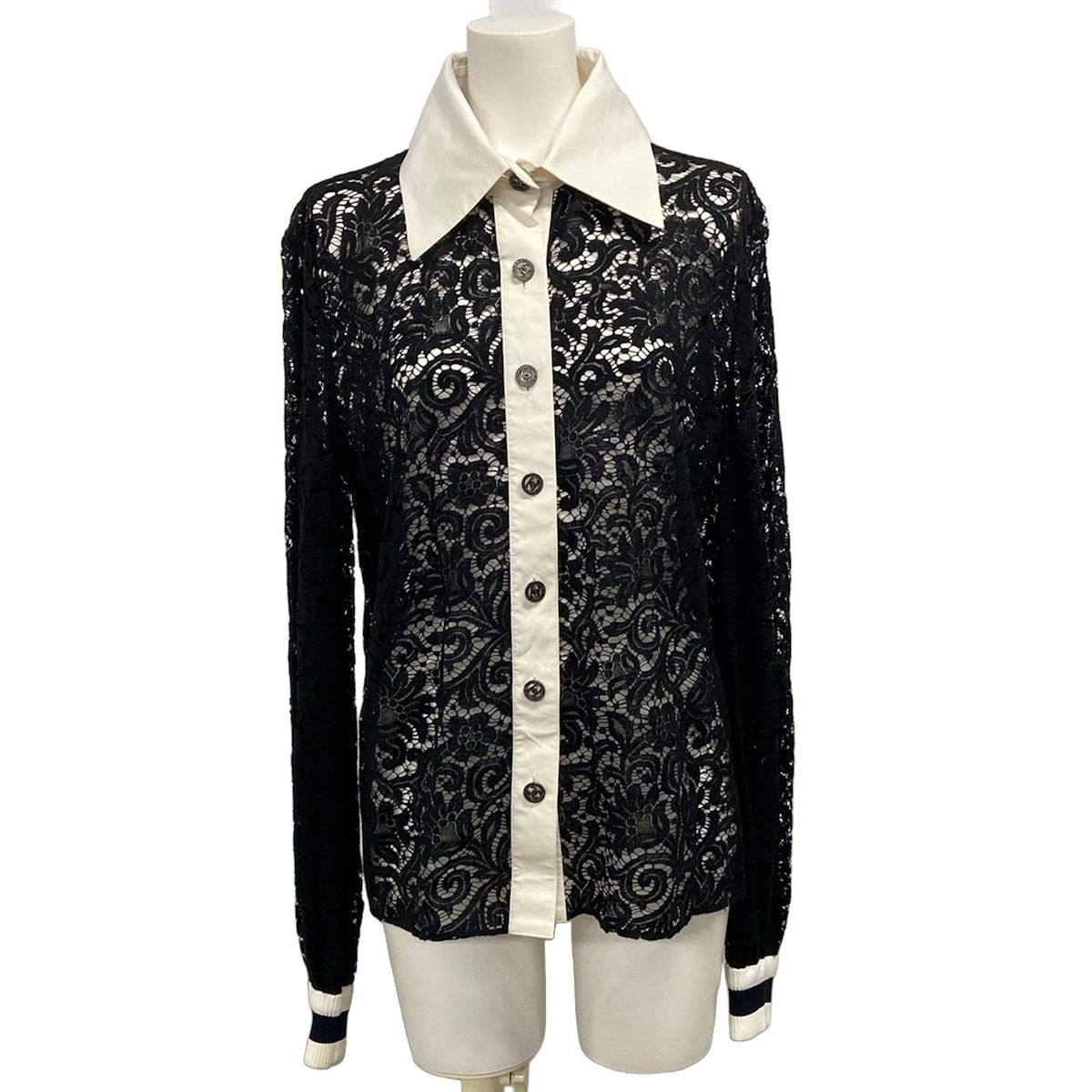 Chanel Long Sleeve Blouse M Black Lace Cotton 38