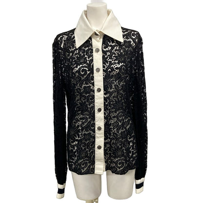 Chanel Long Sleeve Blouse M Black Lace Cotton 38