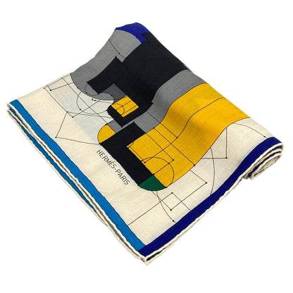 Hermes Shawl Carre 140 Ivory Blue Multi Echec AU Roi Cashmere Silk Scarf