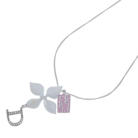Dior White Flower Motif D Logo Charm Pendant Chain Silver Pink