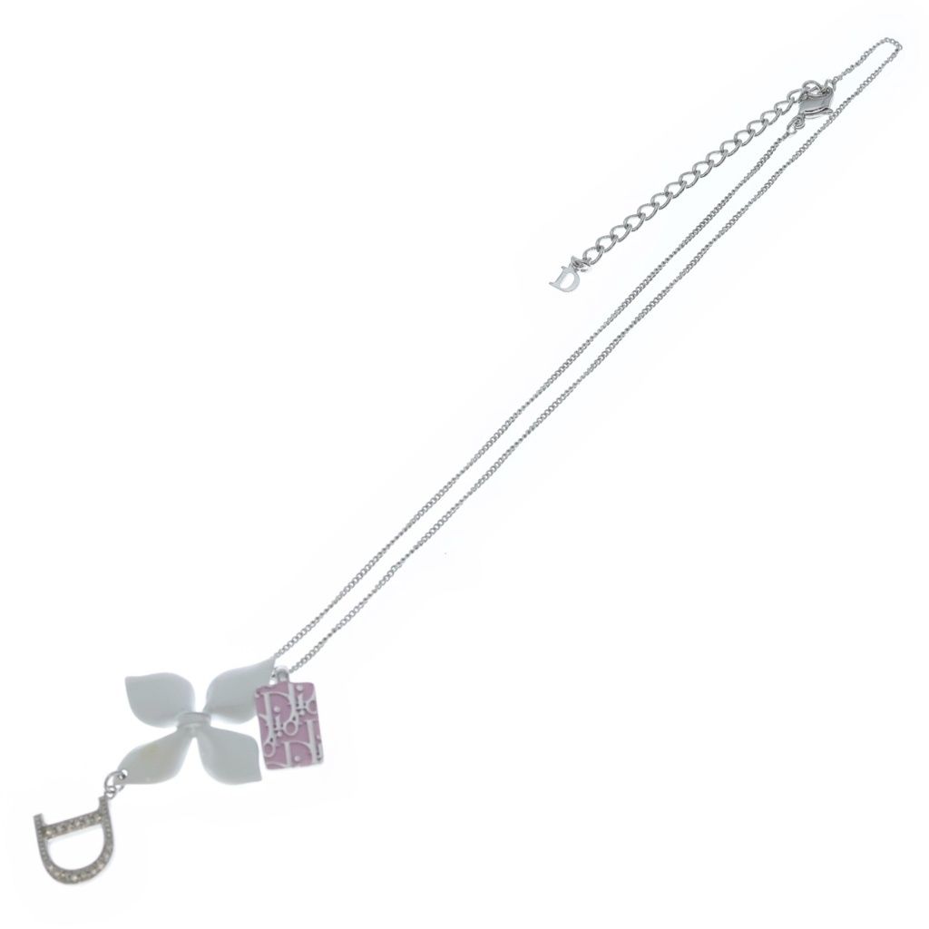 Dior White Flower Motif D Logo Charm Pendant Chain Silver Pink — view 2